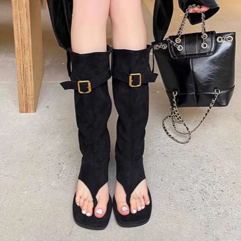 New Designer Clip Square Toe Flats Shoes Women Fashion Open Ankle Boots Casual Comfort Sleeve Boot Wome