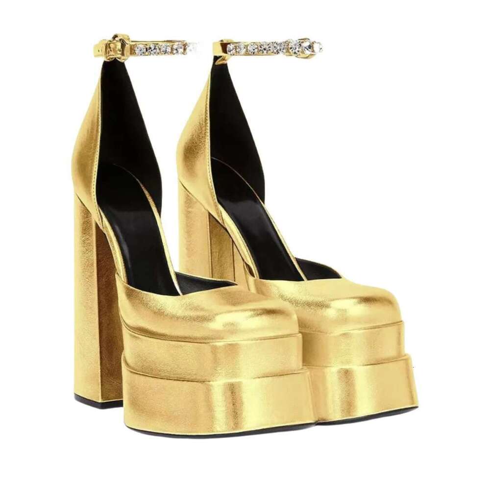 Square Toe Heel Platform Ankle Strap Solid Color Single Shoes Elegant Fashionable Women Sandals Gold High Heels