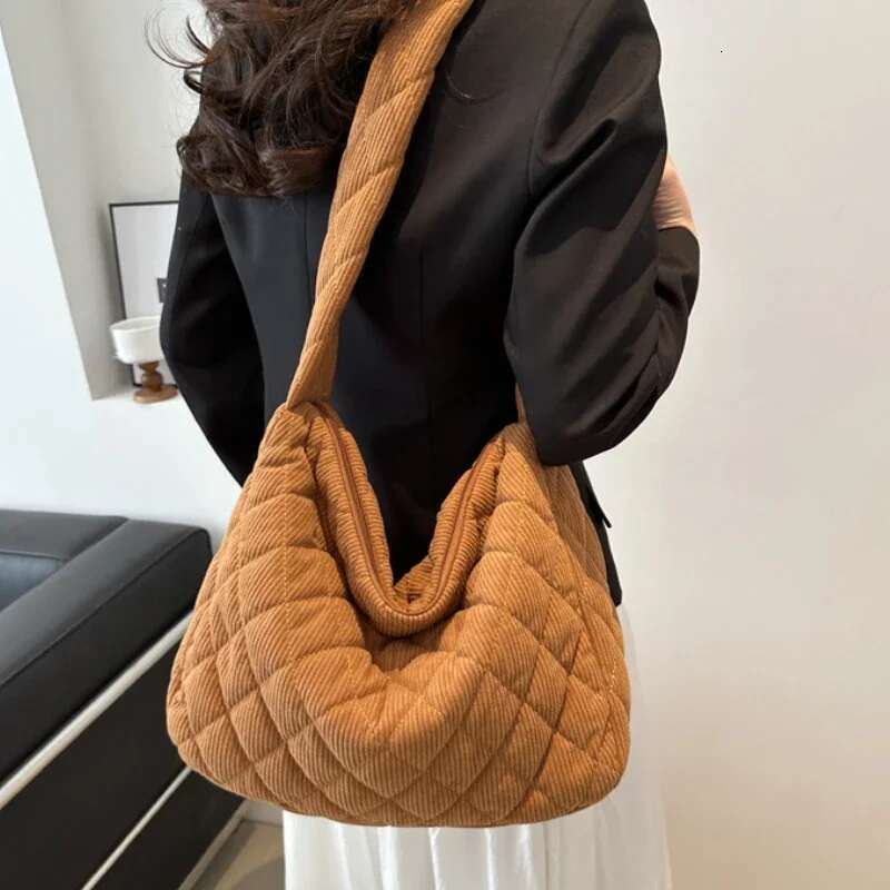 Casual Dia Corduroy Solid Colour Shoulder Winter Thread Minimalistic Crossbody Thick Commuter Large Tote Bag Bag