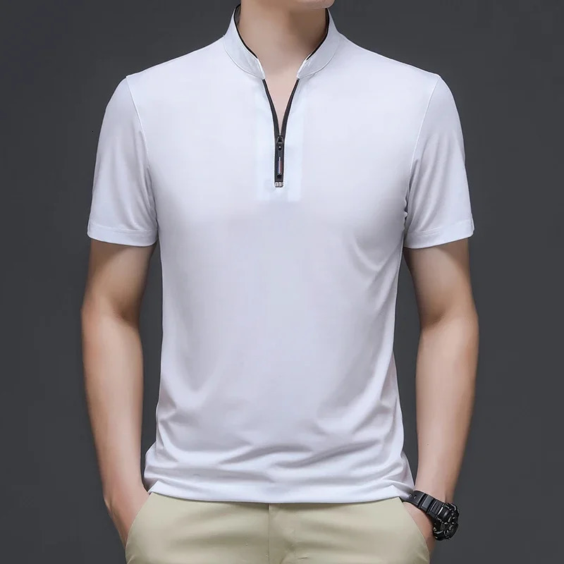 mens casual fashion solid color short sleeved polo shirt stand up collar version comfortable top 250428