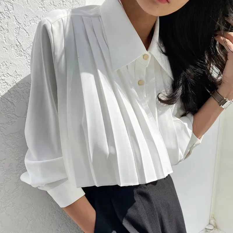 Folded black shirt heavyduty industrial chiffon polo womens Ksle spring folding short high waist fully matched top 250422