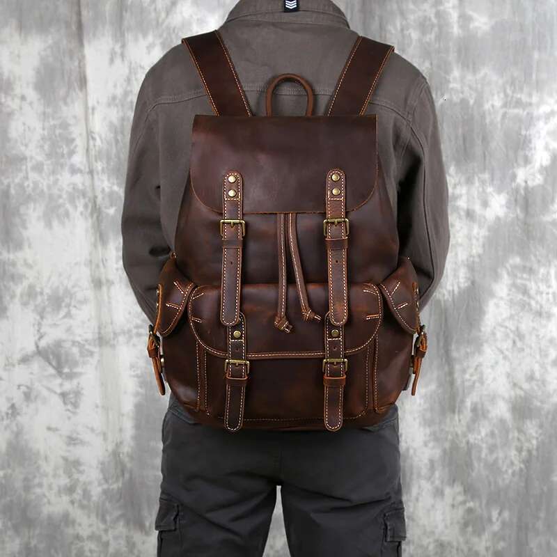 Retro Men's Top Layer Cowhide Travel Backpack Large Capacity School Crazy Horse Leather Laptop Bag NZPJ