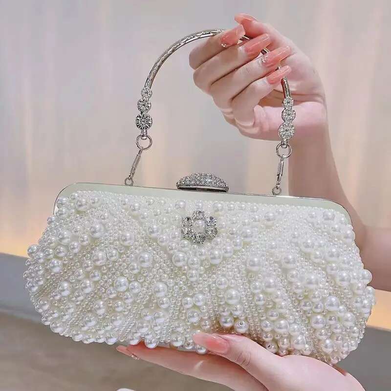Beading Women Evening Bags Embroidery Shell Flower Dias Prom Clutch With Handle Pearl Handbags