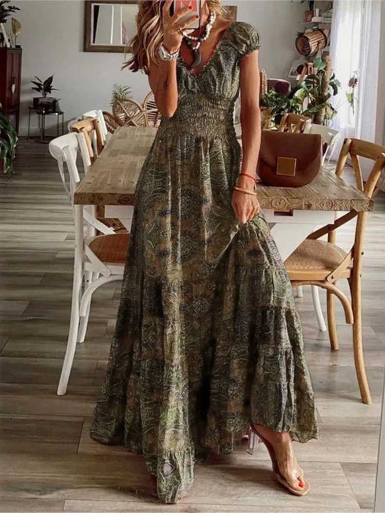 Womens summer new ethnic style printed dress short sleeved waist dress fashionable floral petal sleeves big hem A-line dress W250430
