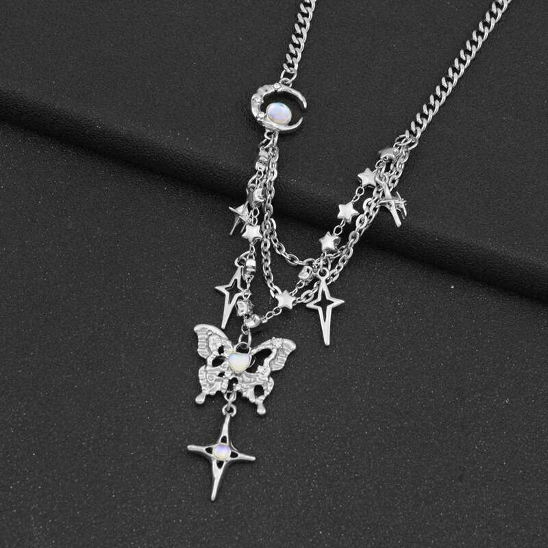 Sweet Cool Fairy Butterfly Inlaid With Zirconium Star Moon Collarbone Chain, Female Niche Design, Fashionable And Versatile, Light Style Necklace