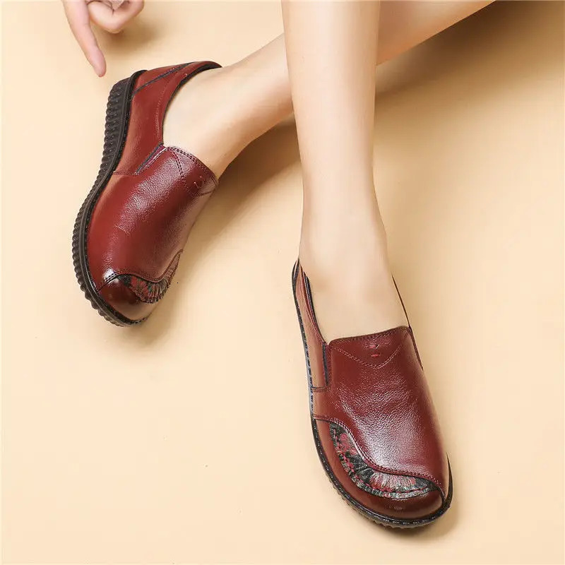Genuine Leather Ballet Flats Shoes Women Vintage High Quality Loafers Womens Moccasins Casual Elegant Ladies Wide Shoes 250421