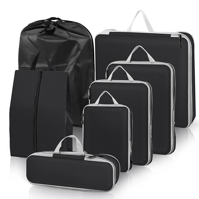 3-7 compressed cube travel storage organizer set with shoe bag mesh visual luggage portable lightweight suitcase 250430