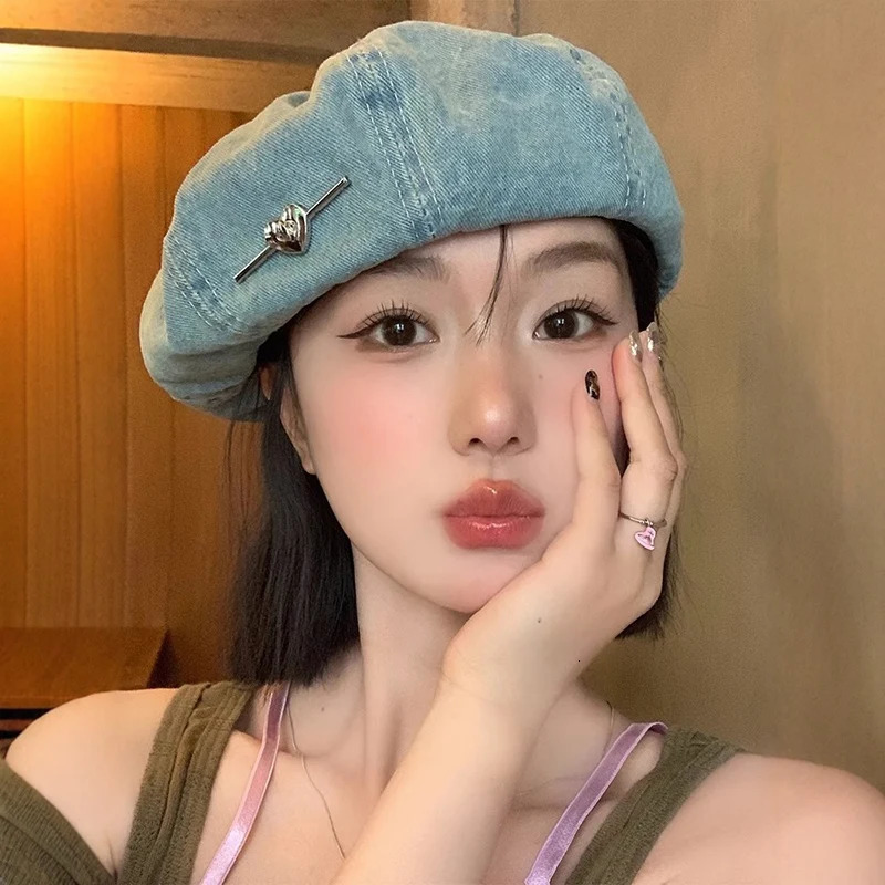 high-quality love denim washed beret childrens edition spring/summer small face show retro painter hat Y2K 250430