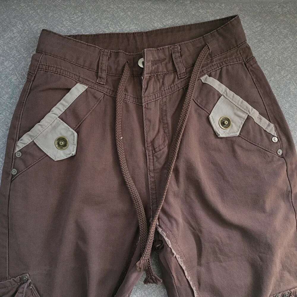 Y2K Aesthetic Brown Spliced Flare Jeans Women High Waist Streetwear Cargo Jean Pants Vintage Denim Trousers Grunge Pantalones
