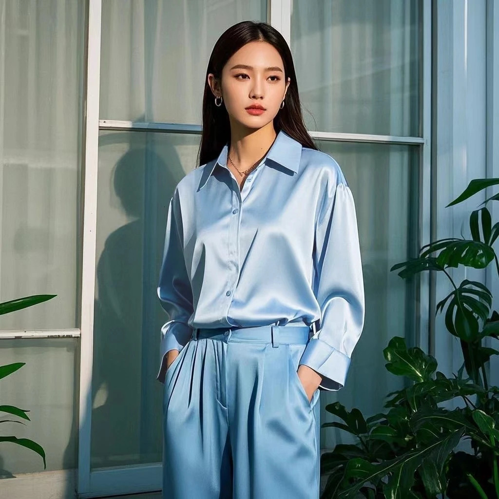 Korean Office Womens Trendy Casual Shirt Elegant Satin Multi Color Basic Ultra Thin Solid Full Match Top French Style 250422