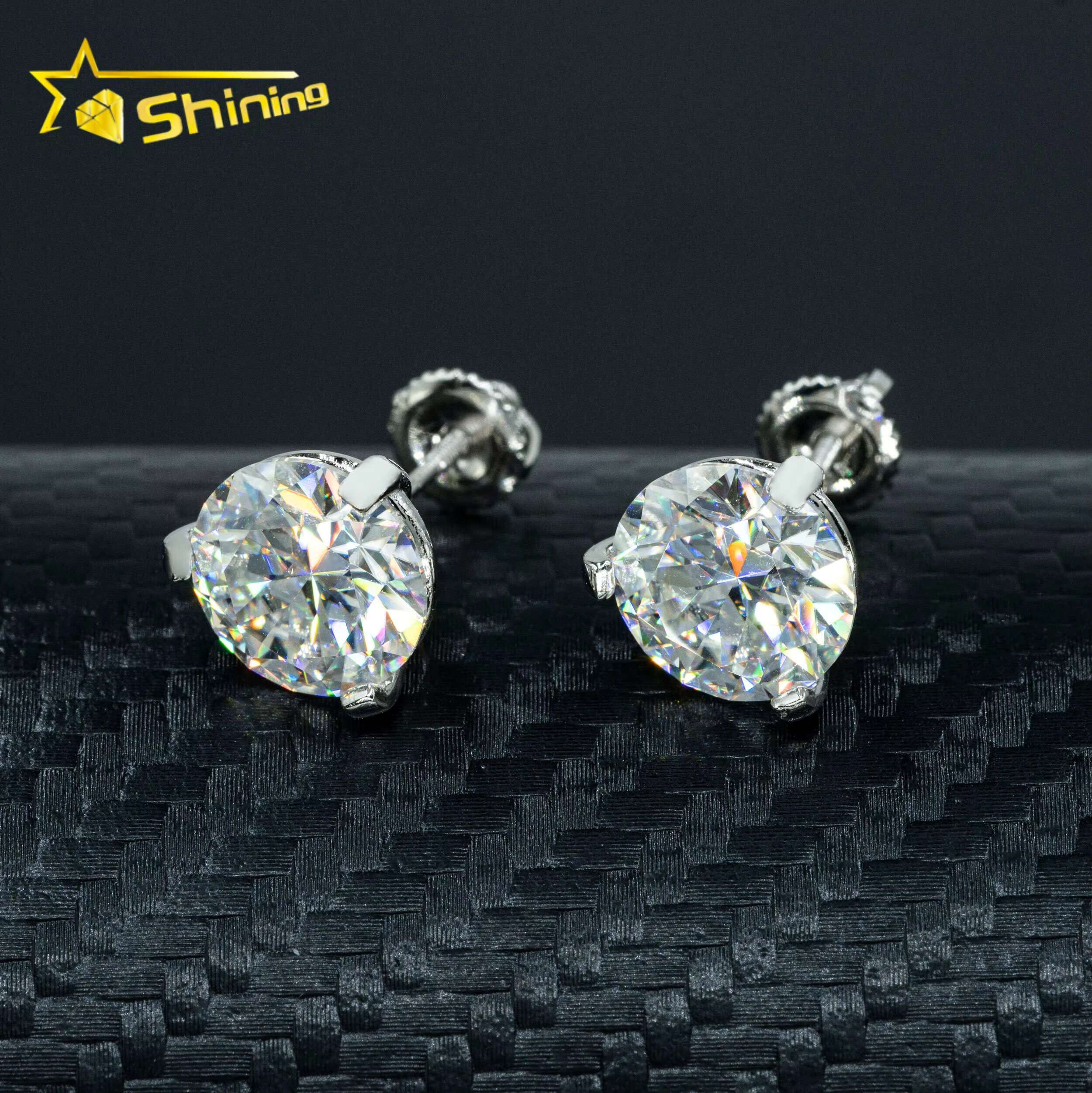 Luxury Stud Earrings 3 Prong Setting 8mm Vvs Diamond 925 Sterling Silver Screw Back Ear Stud for Men and Women