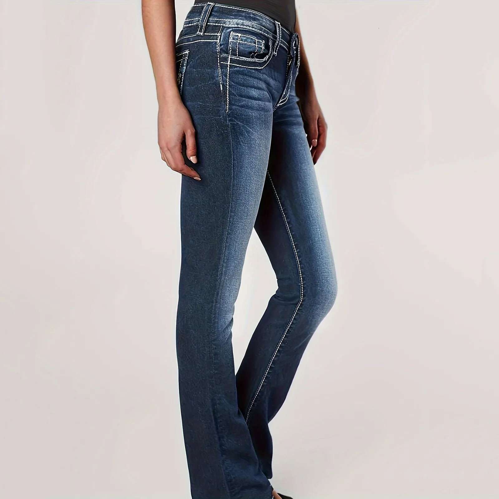 Womens Waisted Leg Women's Bootcut Mid Rise Insta Stretch Juniors Jeans Retro Straight Loose Denim Trousers