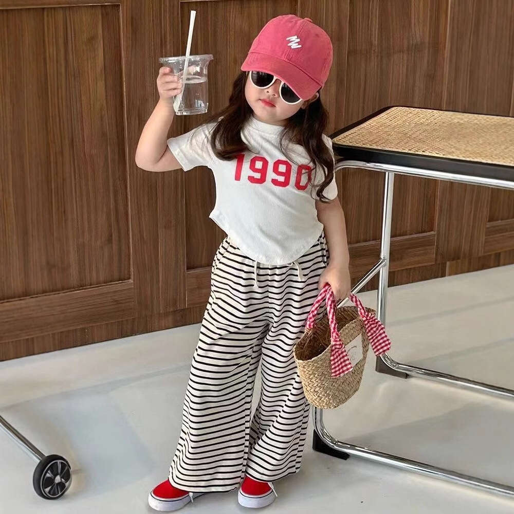 2024 Western Style Irregular Short Sleeved T-Shirt Striped Wide Legged Pants Korean Complete Of Girls Summer Set