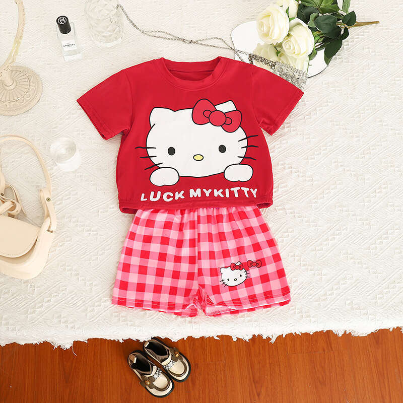 Summer Outfit New 2025 Girls' Casual Cartoon Baby Cute Loose Shirt Plaid Shorts Set