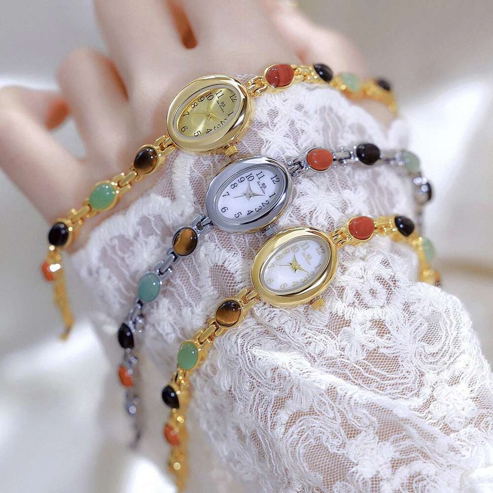 Women's Watch Vintage Natural Colorful Jade Bracelet Wristwatches Clock, Elegant Small Oval Dial Quartz Watch Waterproof