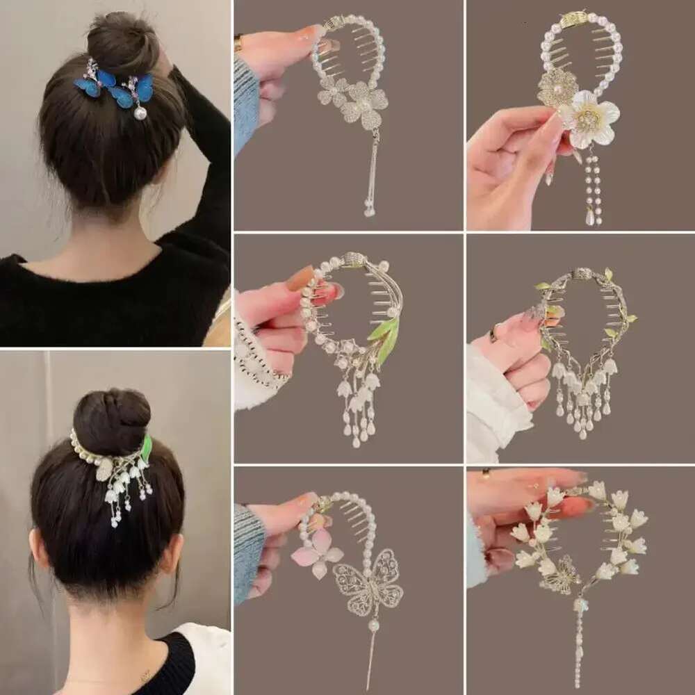 Flower Tassel Clip Women Ladies Butterfly Rhinestone Pearl Metal Claw Round Bun Ponytail Holder Hair Accessories