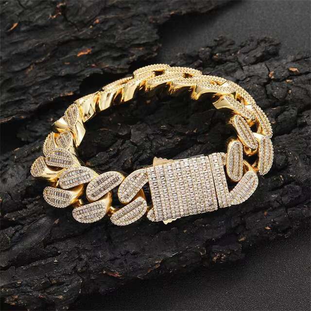 Factory 20mm Width Cuban Chain Bracelets for Men Casual Chic Hip Hop Style Fashion Daily Jewelry Cz Diamond Gold Plated Bracelet