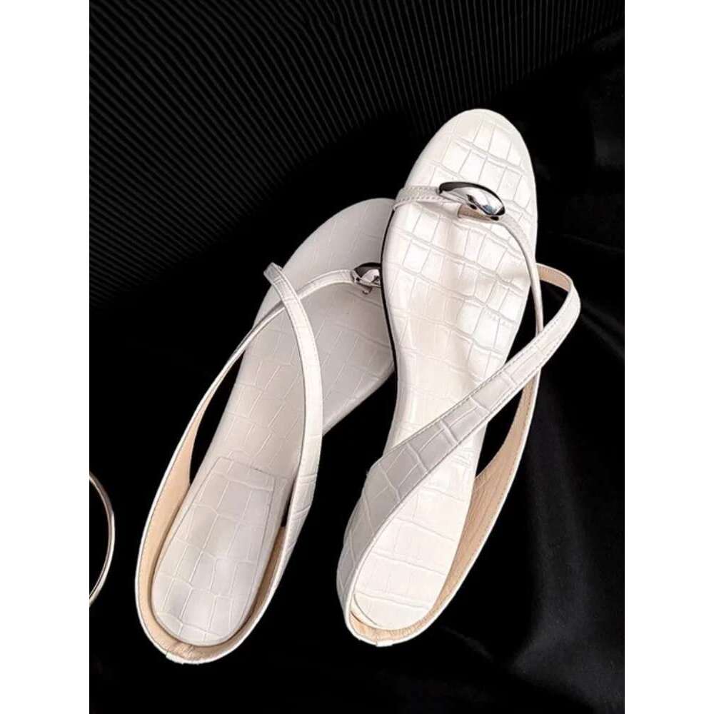 Metal Clip Slipper Sandals Kitten Heels Cross Strap Genuine Leather Solid Color Fashion Elegant Sexy Party Dress Women Shoes