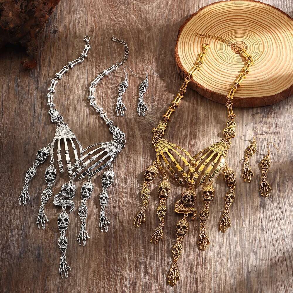 New Halloween Jewelry Gothic Punk Vintage Metal Ghost Hand Skull Necklace And Earring Set For Women Party Accessories