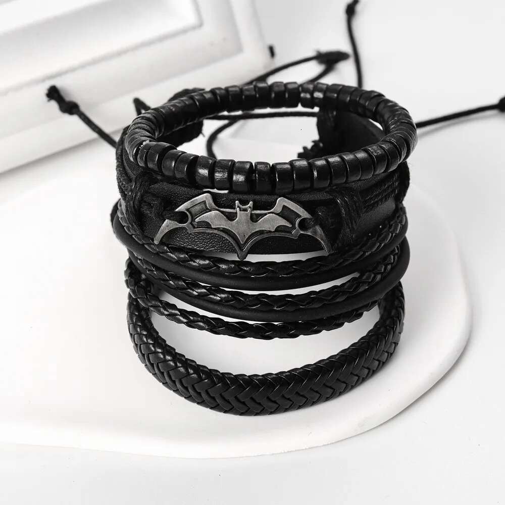 4Pcs/Set Leather Beaded Black Bat Charming Men's Bracelet New Fashion Hip Hop Punk Accessories Jewelry Gift Wholesale
