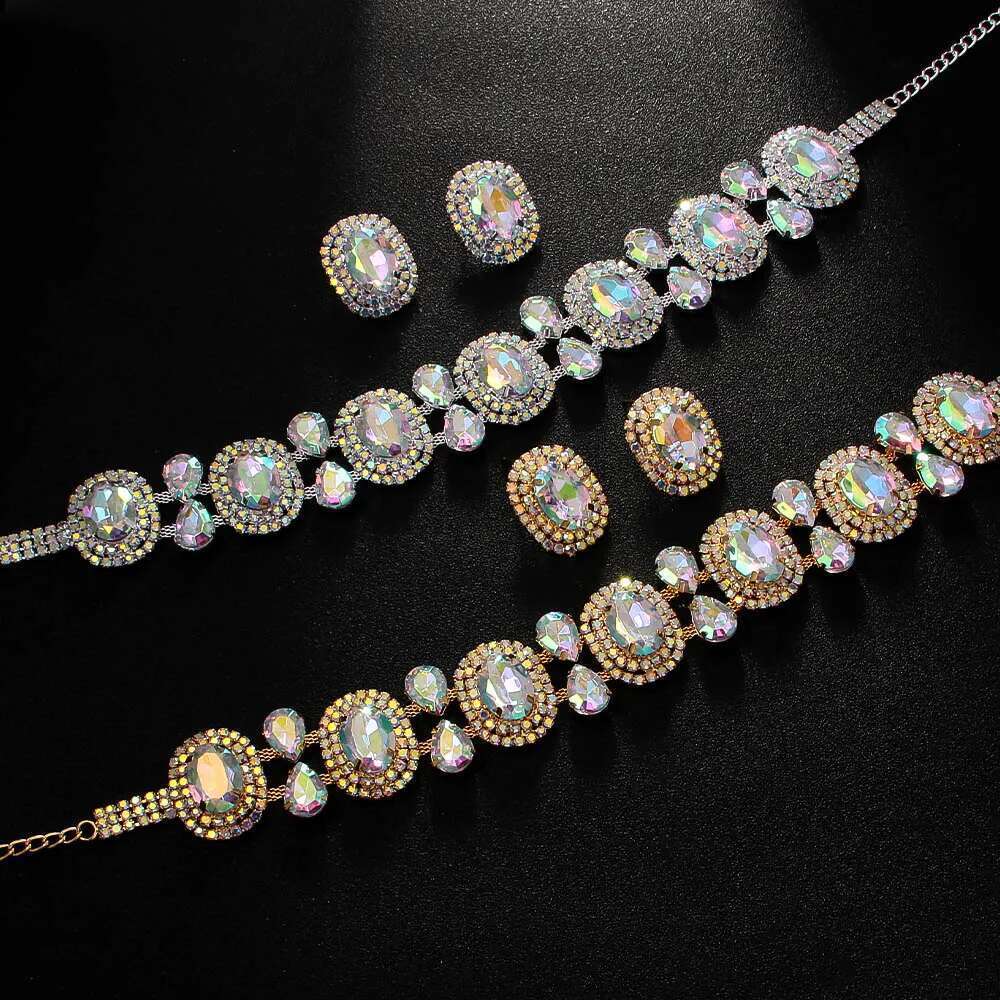 Elegant Boho Round Crystal Jewelry Piercing Wedding Gift For Bridal Bling Geometric Rhinestone Necklace Earring Set Party