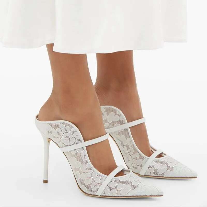 Spring and summer new pointed shallow lace mesh ribbon fashion slippers thin high-heeled banquet dress large size women's sandal