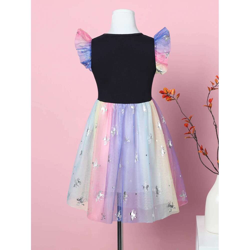 Girl's Summer Cartoon Unicorn Print Rainbow Mesh Splice Princess Birthday Party Sleeveless Dress Sh1791