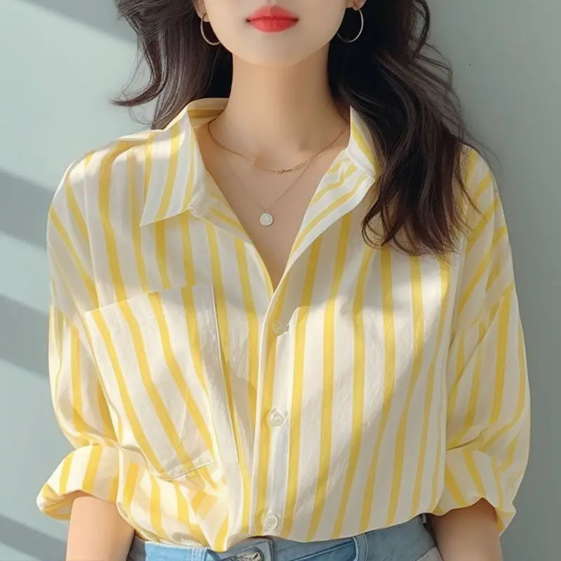 Striped womens shirt Korean style long sleeved top casual autumn fashion 2024 lapel pocket dress 250422