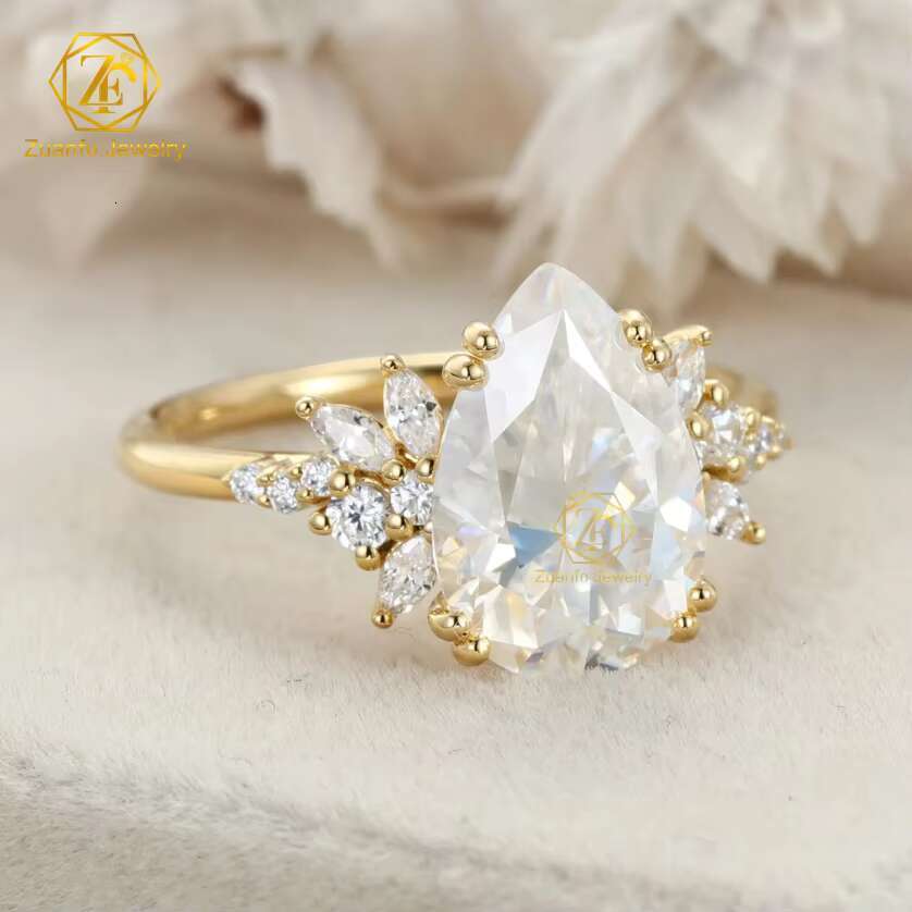 Zuanfo Moissanite Bridal Wedding Jewelry 3ct S925 Sterling Silver VVS D Pear Moissanite Diamond Engagement Ring