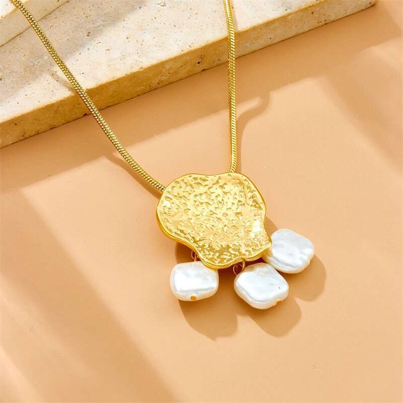 LAMENGLY 316L Stainless Geometry Cheese Pearl Pendant Earrings Necklace Ring Women New Creative Gold Plated Jewelry Set Gift
