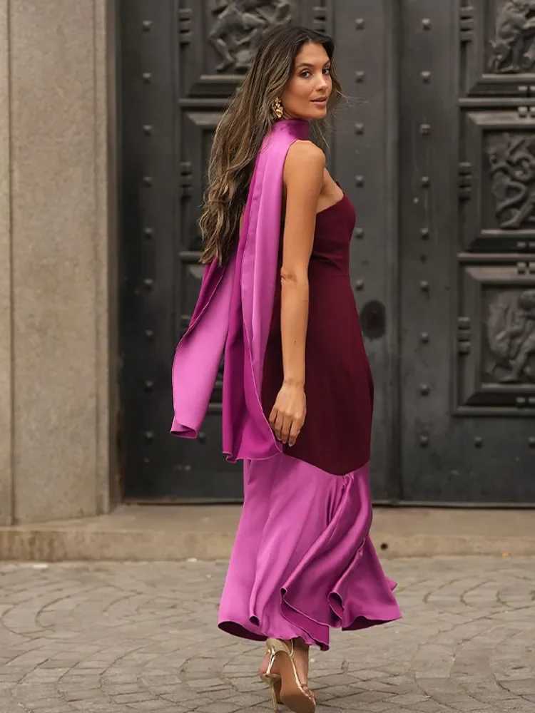 Sexy satin patchwork dress without back womens elegant sleeveless slim fit dress with scarf 2025 womens party dress W250430