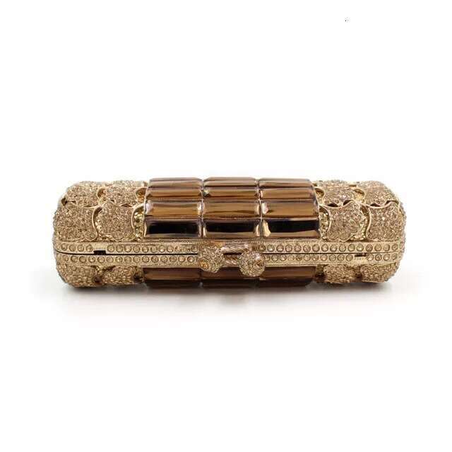 Dinner Bag Alloy Metal Studded Diamond Dinner Gold Apricot Blossom Brown Glass Hand Held Cylindrical Bag Club Bag KQ