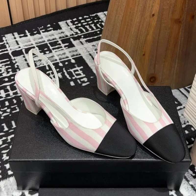 Bow Fashion Brand Designer Color Blocked High Heels Striped Sandals Thick Heel Casual Women Shoes