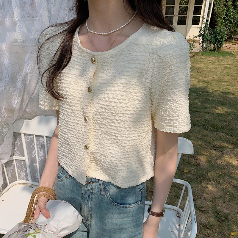 Summer Short sleeved Oneck Womens Shirt Sweet White Top 2025 Blusas Para Mujer Blusa XL183 250422