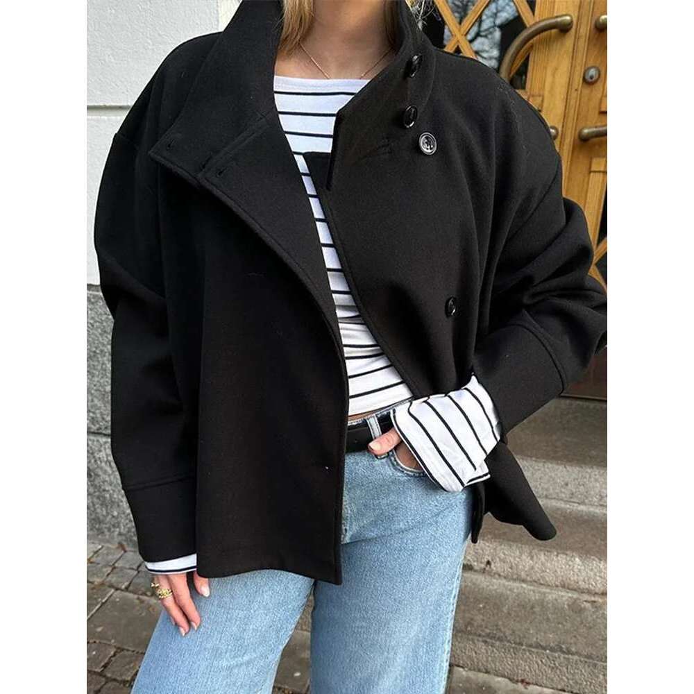 Solid Women Turtleneck Coat Elegant Full Sleeves Female Jacket 2025 New Fashion Spring Autumn Single Breasted Loose Lady Outwear