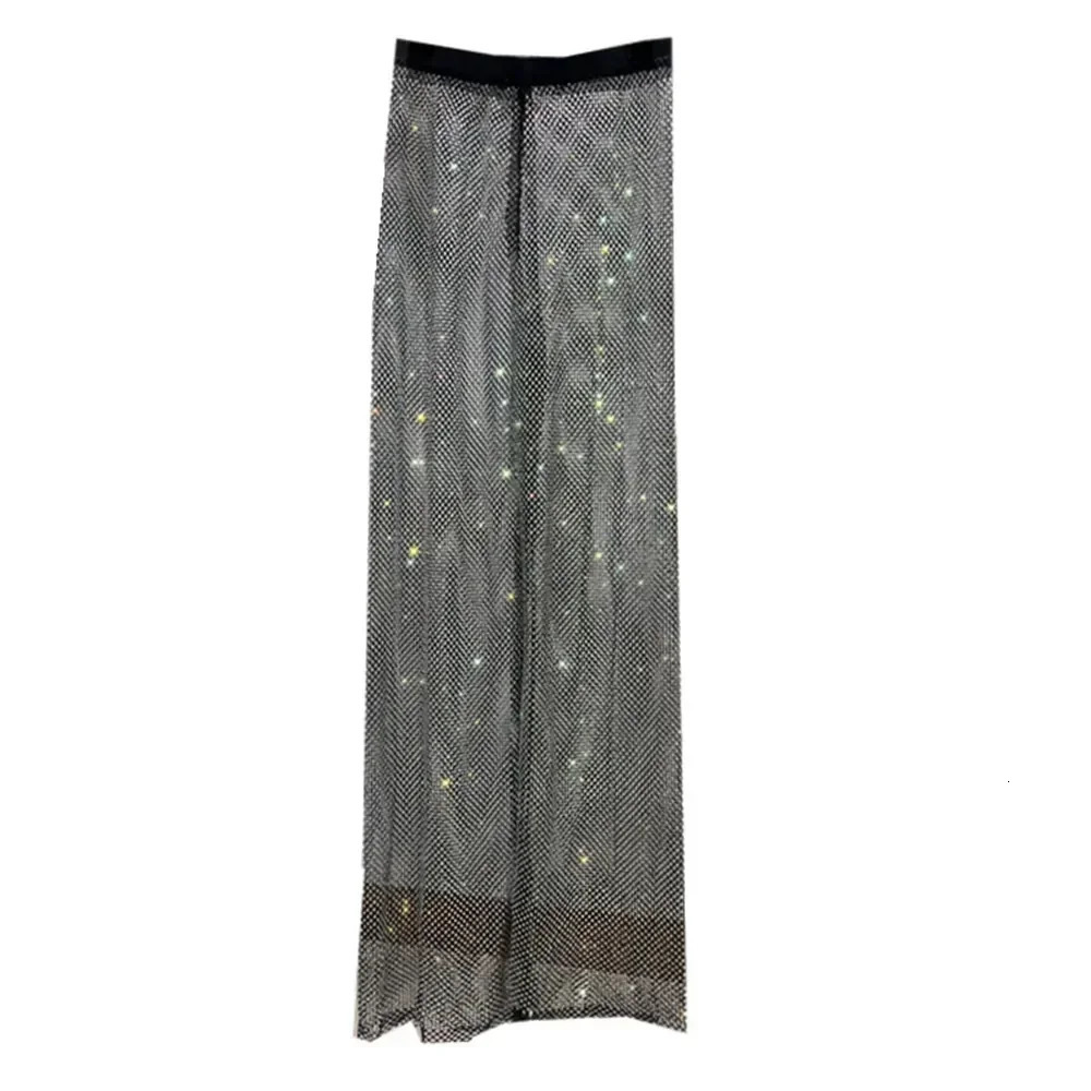European and American Street Womens Sparkling Colorful Diamond Glowing Grid Wide Leg Pants Floor Dripping Stone Stripes 250428