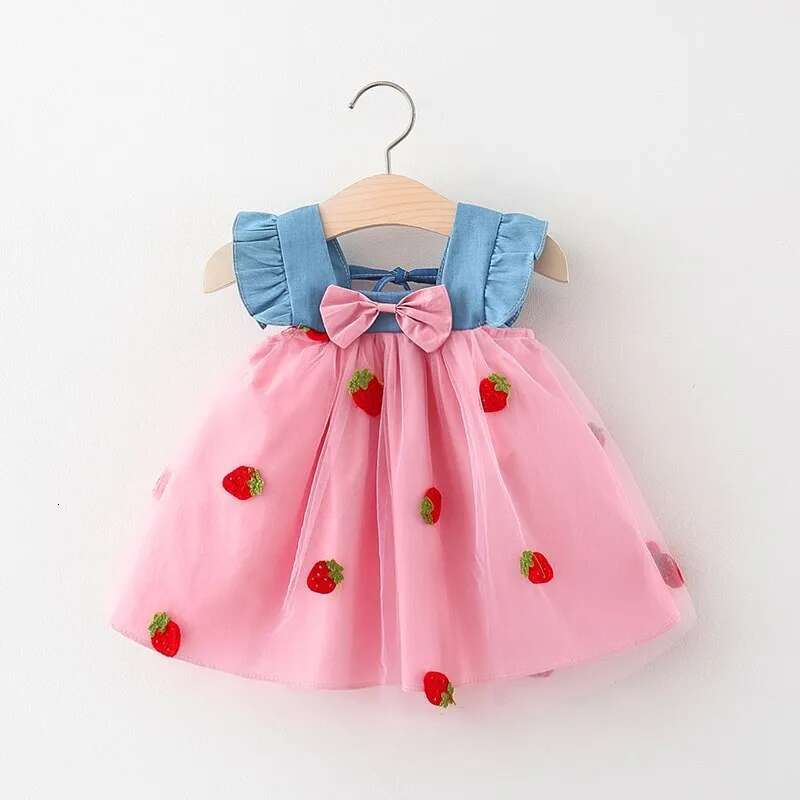 Summer New Girls' Little Flying Sleeve Children's Bow Strawberry Embroidery Mesh Spliced Denim Princess Dress