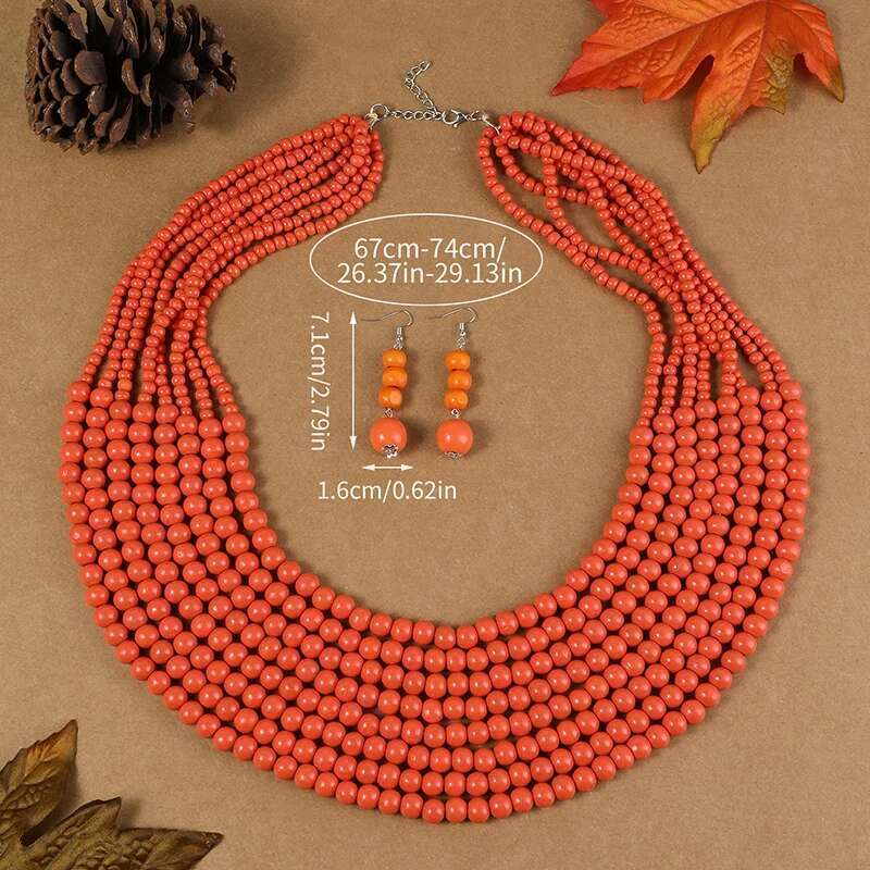 1Set African Style Multi-Layer Wooden Bead Chokers Colorful Bohemian Necklace Earrings Set Party Jewelry