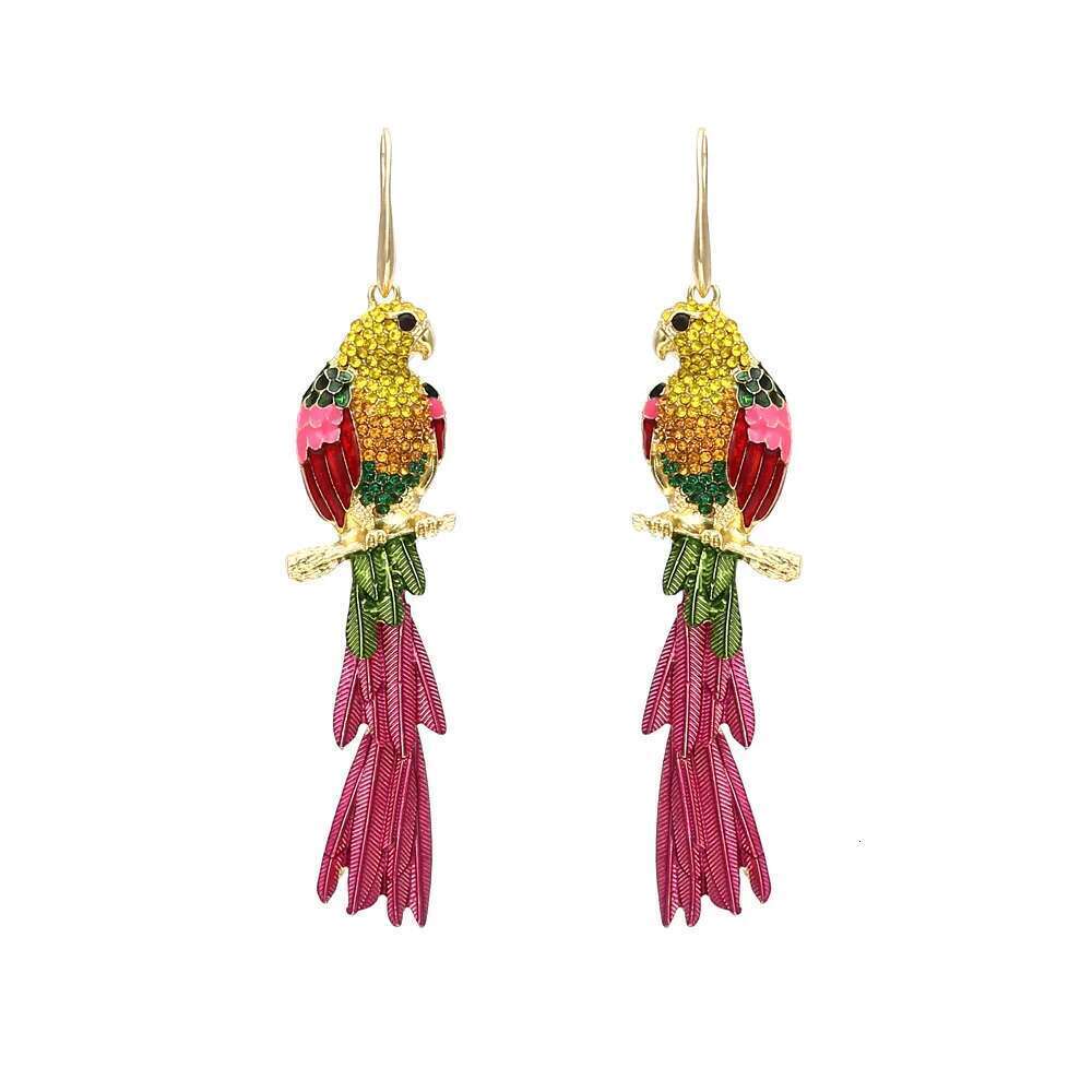 Hawaiian Jewelry Wholesale Long Shining Rainbow Enamel Rhinestone Cute Animal Parrot Love Bird Dangle Drop Earrings For Women
