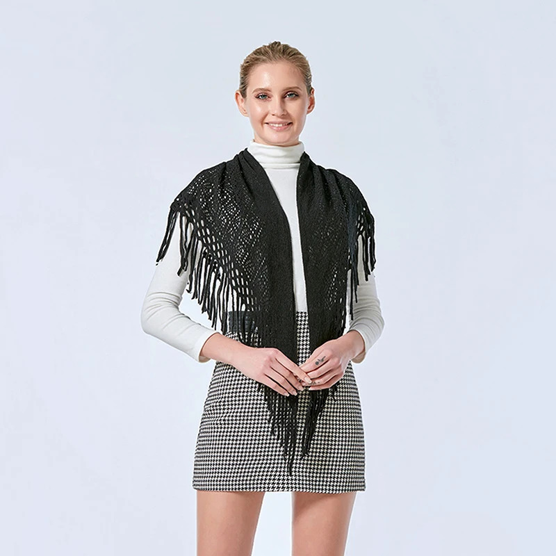 Plain Knitted Tassels Hollow Triangle Scarf Shawl Women Cotton Soft Wrap Ladies Air-conditioned Room Capa Simple Elegant Scarves 250430