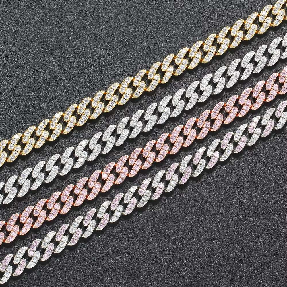 BC003 8mm Brass Setting MoissaniteCuban Link Chain Necklace Hip Hop Jewelry Bling CZ Chain Iced Out