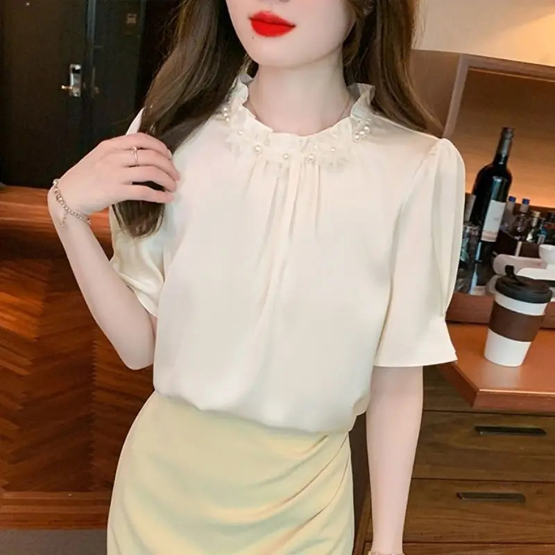 Summer French Stand up Collar and Flip Loose Fit Fashion Niche Short Sleeve Ruffle Top 250422