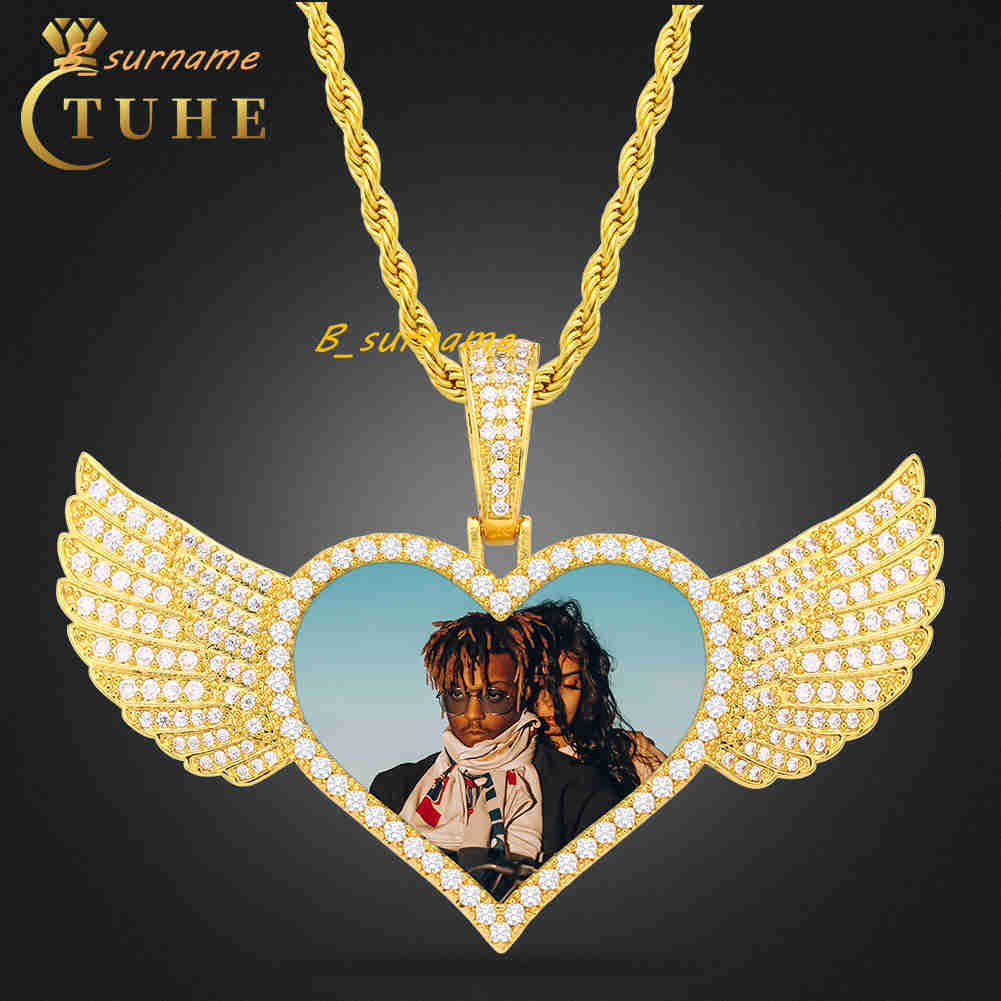 Sublimation Jewelry Bling 50mm Gold Plated Brass AAAAA CZ Diamond Iced Out Heart Wing Custom Photo Pendant Picture Necklace
