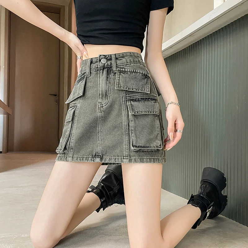 KSTUN 2025 Summer Womens Denim Skiing Grey High Waist Cargo Jeans Retro Multi Pocket n Sexy Girl Sprint 250425