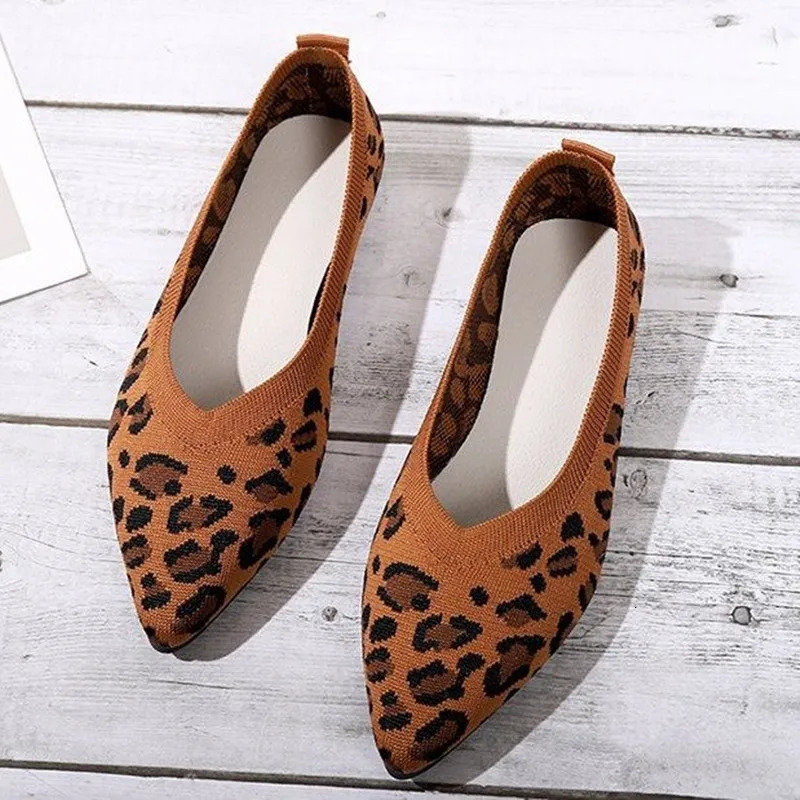 Elegant Houndstooth Knitted Ballet Flats Woman Point Toe Mesh Moccasins Ladies Big Size Leopard Loafers Soft Driving Shoes 250421
