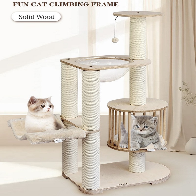 Beige, High 41.6 Inch.Cat Tree Eco-Friendly Solid Timber Multi-Level Large Cat Tree Tower Tall Perfect Playground