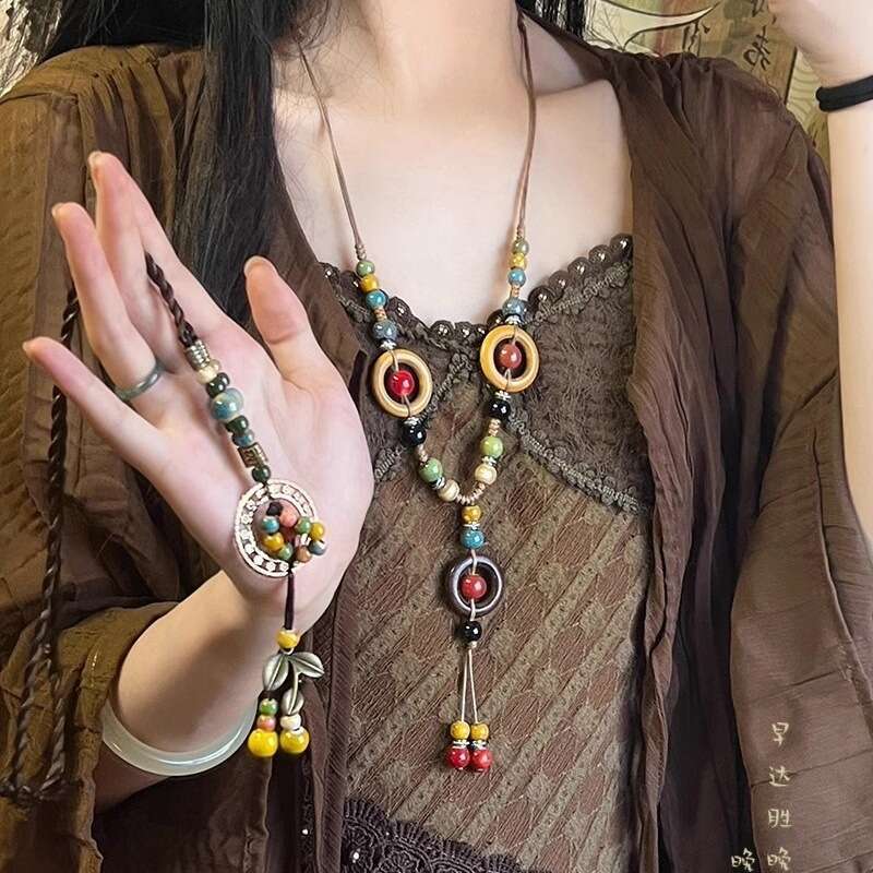 Bohemian Style Ceramic Necklace, Women's New Chinese Exotic Ethnic Style, High-End Sense, Long Sweater Chain Accessories