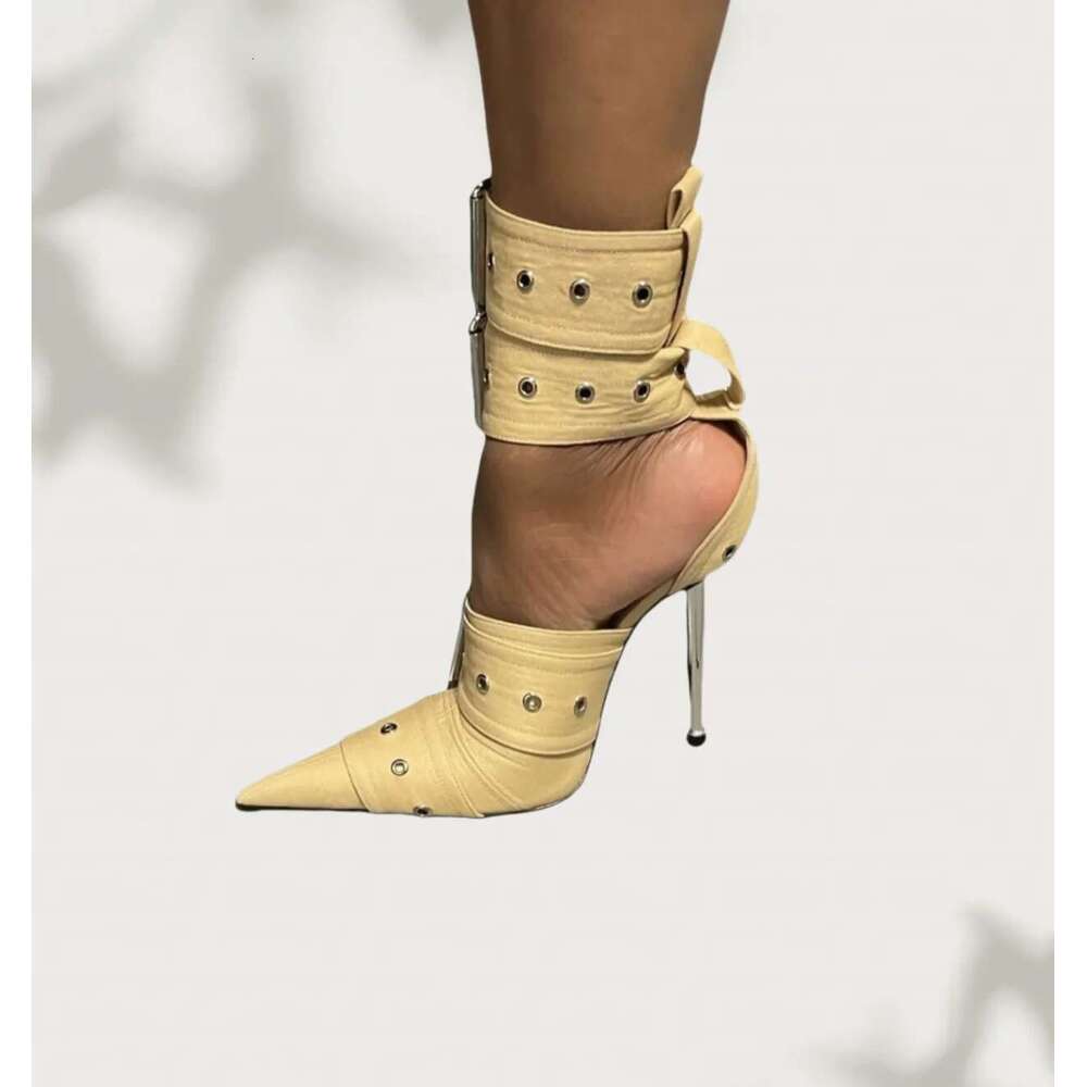 Fashion Pointed High Heels Rivet Buckle Strap Sandals Metal Cutout Boots Sexy Punk Brand Designer Women Shoes