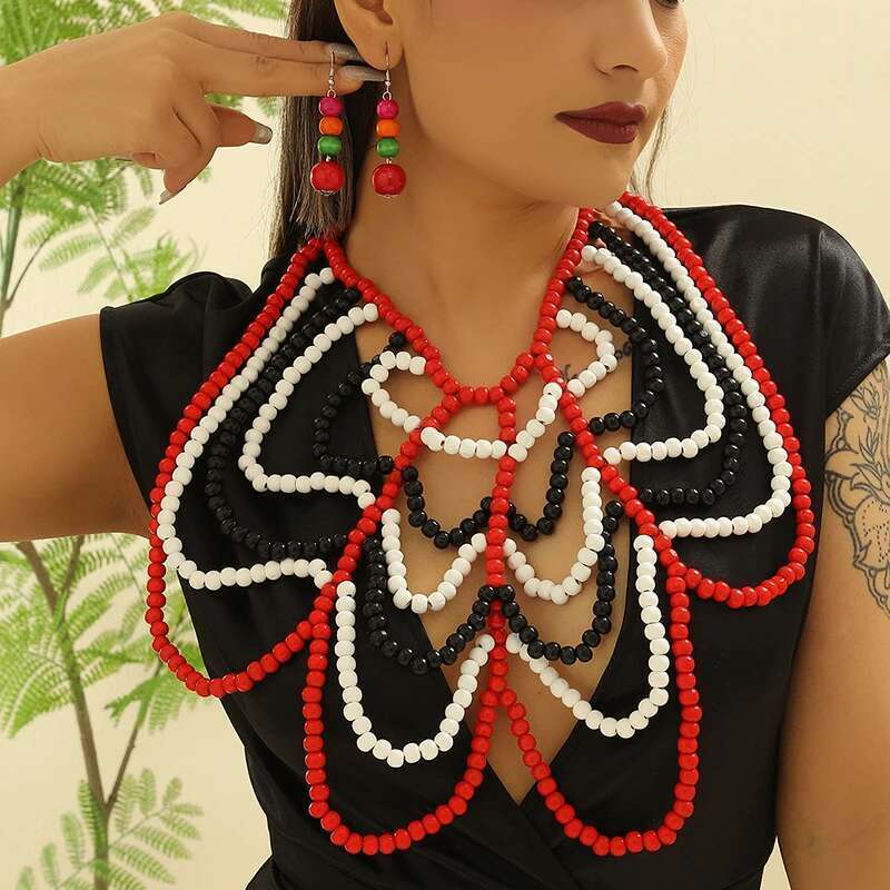 Ethnic Black White Red Butterfly Shape Necklace & Earrings Set Multi Layer Wooden Beads Wood Jewelry Sets For Women Girl