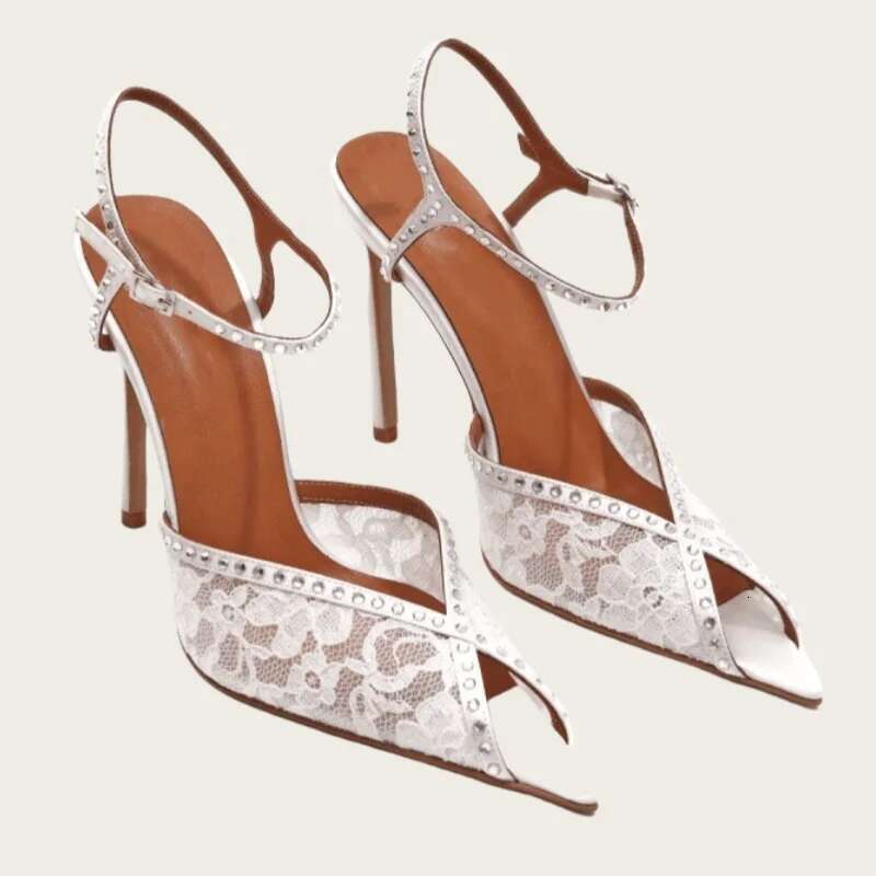 Sexy Lace Women's Pointed Open Toe Ankle Strap Buckle High Heels Wedding Banquet Shoes Women